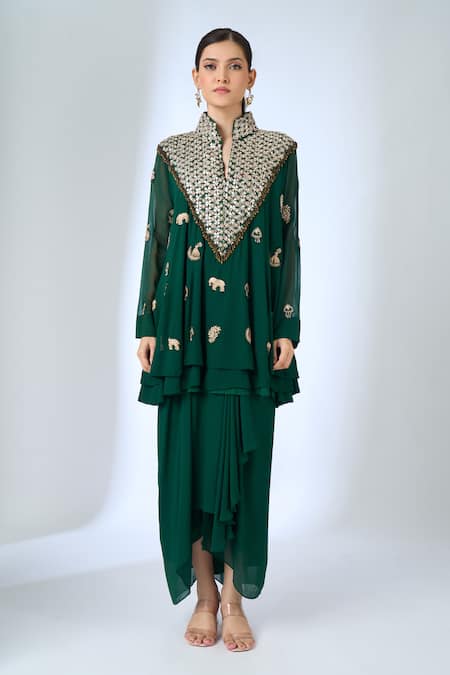 Buy_Samyukta Singhania_Green Georgette Embroidery Mandarin Collar, Elephant Motif Tunic With Skirt _Online_at_Aza_Fashions