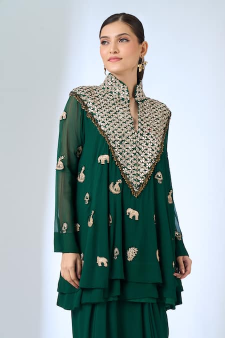 Shop_Samyukta Singhania_Green Georgette Embroidery Mandarin Collar, Elephant Motif Tunic With Skirt _Online_at_Aza_Fashions