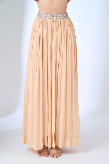 Samyukta Singhania_Peach Georgette Embroidery Open , Round Floral Pattern Cape And Skirt Set _Online_at_Aza_Fashions