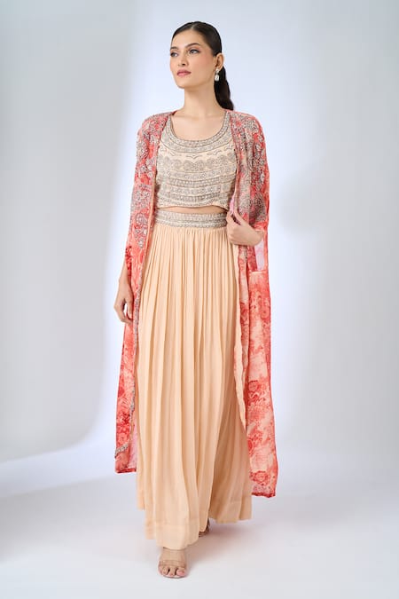 Buy_Samyukta Singhania_Peach Georgette Embroidery Open , Round Floral Pattern Cape And Skirt Set _Online_at_Aza_Fashions