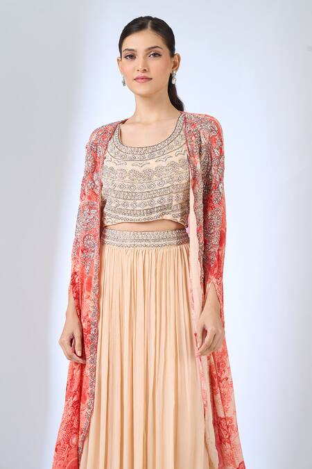 Shop_Samyukta Singhania_Peach Georgette Embroidery Open , Round Floral Pattern Cape And Skirt Set _Online_at_Aza_Fashions