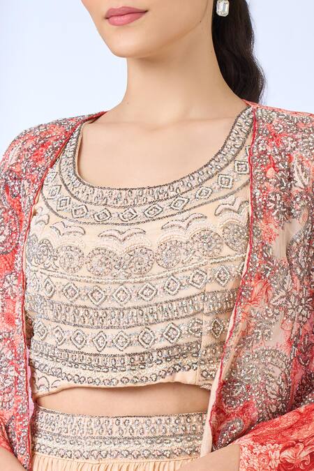 Buy_Samyukta Singhania_Peach Georgette Embroidery Open , Round Floral Pattern Cape And Skirt Set 