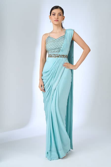 Samyukta Singhania_Sky Blue Chinon Embroidery V-, Open Cape And Pre-draped Saree Set _at_Aza_Fashions