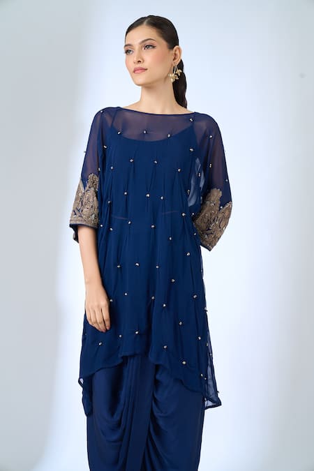 Samyukta Singhania_Blue Georgette Boat , Sweetheart Embroidered Cape And Dhoti Pant Set _Online_at_Aza_Fashions