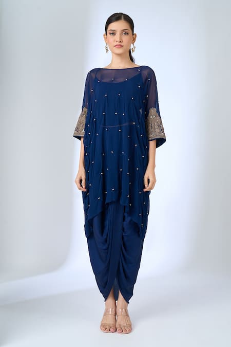 Shop_Samyukta Singhania_Blue Georgette Boat , Sweetheart Embroidered Cape And Dhoti Pant Set _Online_at_Aza_Fashions