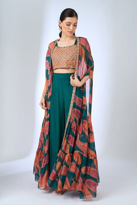 Samyukta Singhania_Green Chinon Embroidery Open , Square Paisley Pattern Cape And Pant Set _Online_at_Aza_Fashions