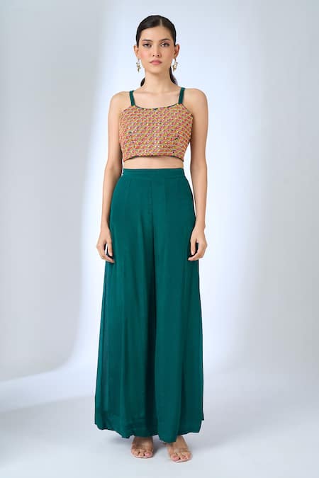 Buy_Samyukta Singhania_Green Chinon Embroidery Open , Square Paisley Pattern Cape And Pant Set _Online_at_Aza_Fashions