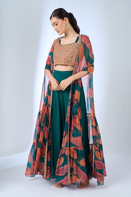Shop_Samyukta Singhania_Green Chinon Embroidery Open , Square Paisley Pattern Cape And Pant Set _Online_at_Aza_Fashions