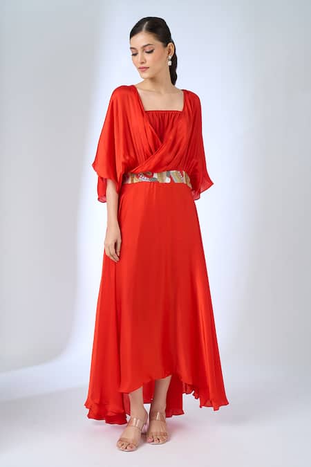 Naintara Bajaj Orange Satin Embroidery Cowl Neck Dress Online at Aza Fashions Naintara Bajaj_Orange Satin Embroidery Cowl Neck Dress _Online_at_Aza_Fashions