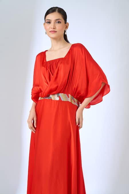 Shop Naintara Bajaj Orange Satin Embroidery Cowl Neck Dress Online at Aza Fashions Shop_Naintara Bajaj_Orange Satin Embroidery Cowl Neck Dress _Online_at_Aza_Fashions