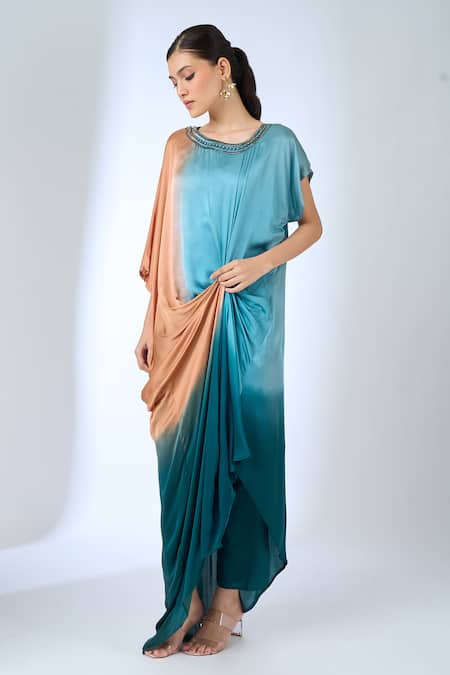 Shop_Samyukta Singhania_Orange Satin Embroidery, Beads Round Neck Ombre Effect Kaftan With Pant _Online_at_Aza_Fashions