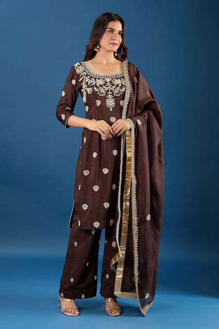 Samyukta Singhania_Brown Silk, Organza Embroidery, Sequins, Zari Round Neck Butti Kurta Set _Online_at_Aza_Fashions
