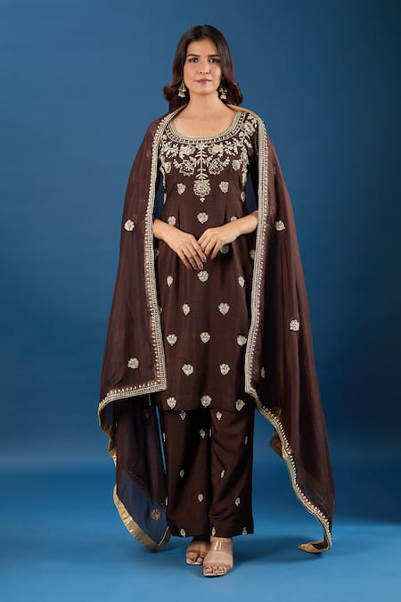 Buy_Samyukta Singhania_Brown Silk, Organza Embroidery, Sequins, Zari Round Neck Butti Kurta Set _Online_at_Aza_Fashions