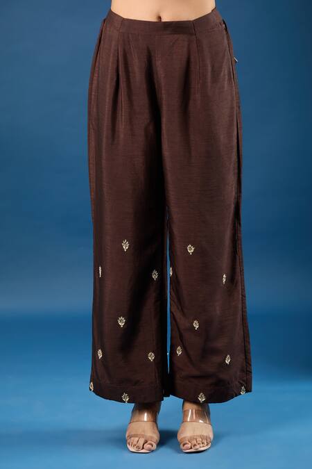 Shop_Samyukta Singhania_Brown Silk, Organza Embroidery, Sequins, Zari Round Neck Butti Kurta Set _Online_at_Aza_Fashions