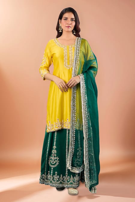 Samyukta Singhania Yellow Chanderi Silk, Organza Sequins, Embroidery, Metallic Kurta And Lehenga Set 