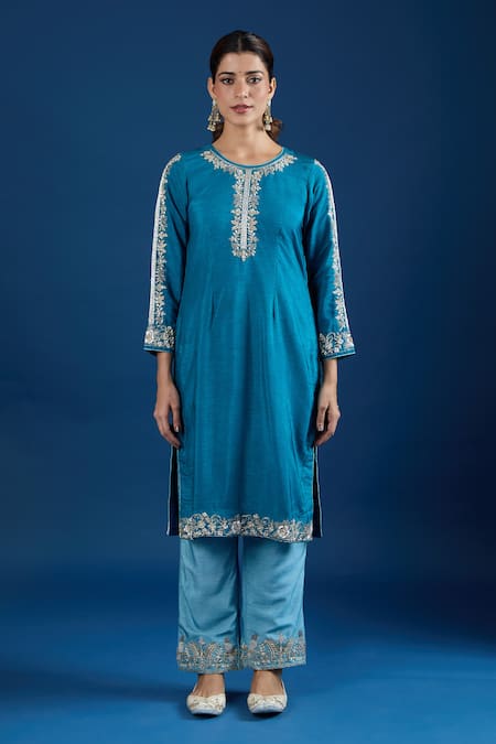 Buy_Samyukta Singhania_Teal Silk, Organza Embroidery, Sequins, Zari Round Neck Kurta Set_Online_at_Aza_Fashions