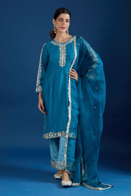 Shop_Samyukta Singhania_Teal Silk, Organza Embroidery, Sequins, Zari Round Neck Kurta Set_Online_at_Aza_Fashions