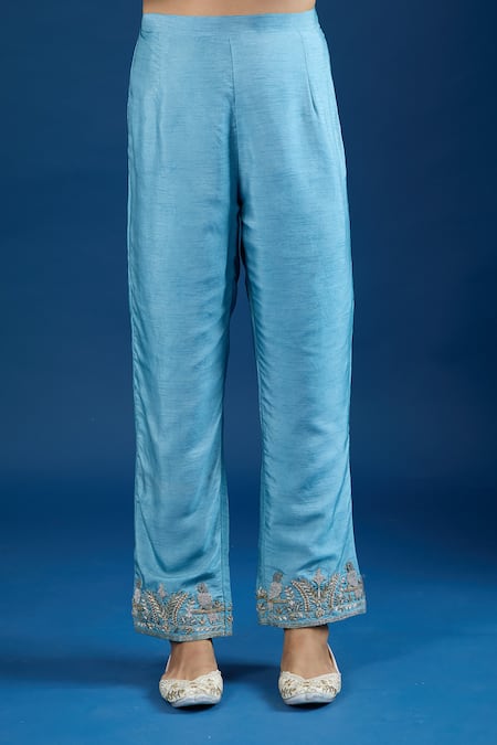 Samyukta Singhania_Teal Silk, Organza Embroidery, Sequins, Zari Round Neck Kurta Set_at_Aza_Fashions