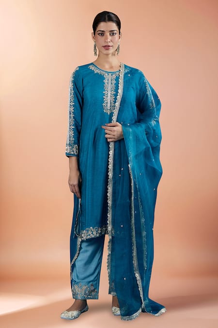Samyukta Singhania Teal Silk, Organza Embroidery, Sequins, Zari Round Neck Kurta Set 