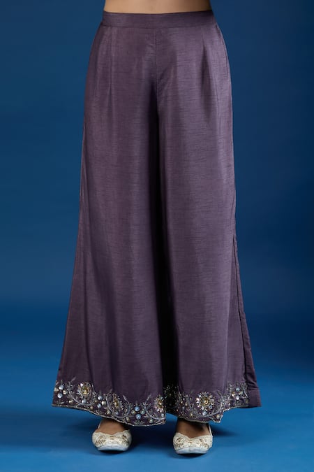 Samyukta Singhania_Purple Silk, Organza Sequins, Embroidery, Zari V-neck Kurta Sharara Set _Online_at_Aza_Fashions