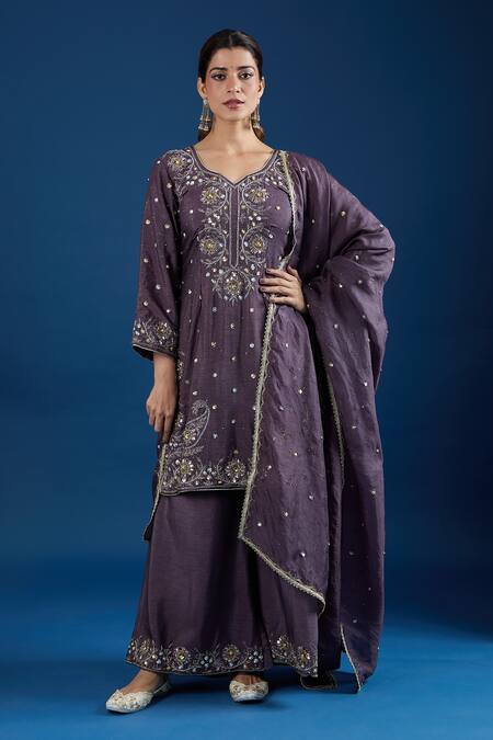 Shop_Samyukta Singhania_Purple Silk, Organza Sequins, Embroidery, Zari V-neck Kurta Sharara Set _Online_at_Aza_Fashions