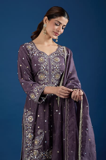 Buy_Samyukta Singhania_Purple Silk, Organza Sequins, Embroidery, Zari V-neck Kurta Sharara Set 