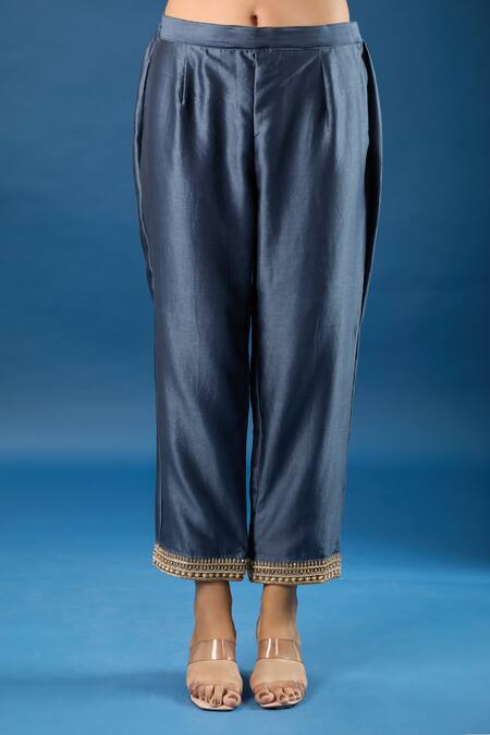 Buy_Samyukta Singhania_Charcoal Silk, Organza Embroidery, Zari Round Neck Yoke Kurta Set_Online_at_Aza_Fashions