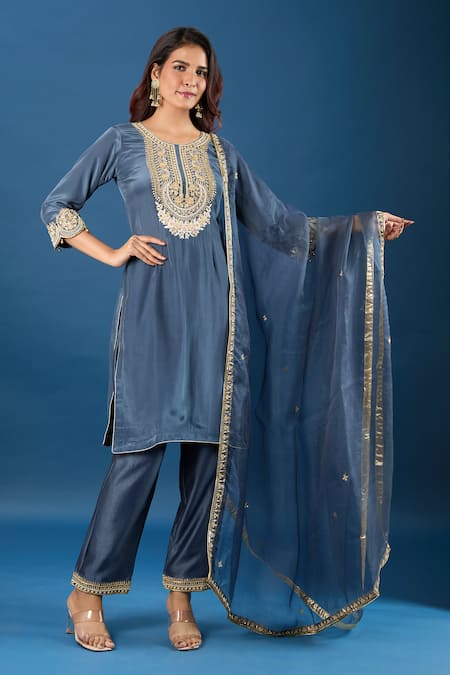 Shop_Samyukta Singhania_Charcoal Silk, Organza Embroidery, Zari Round Neck Yoke Kurta Set_Online_at_Aza_Fashions