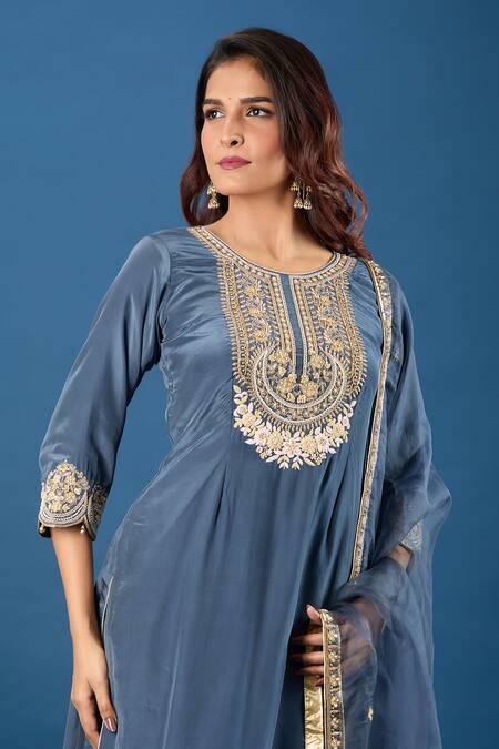 Samyukta Singhania_Charcoal Silk, Organza Embroidery, Zari Round Neck Yoke Kurta Set_at_Aza_Fashions