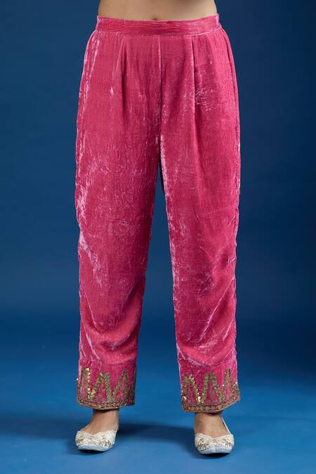 Shop_Samyukta Singhania_Wine Velvet, Organza Zari, Pearls, Embroidery, Gota Patti Split V-neck Kurta Set _Online_at_Aza_Fashions