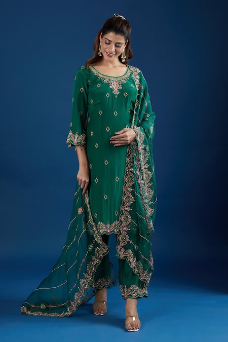 Buy_Samyukta Singhania_Green Crepe, Organza Embroidery, Crystals, Zari, Stones Round Butti Kurta Set_Online_at_Aza_Fashions
