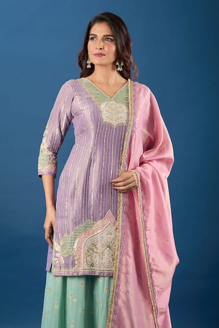 Buy_Samyukta Singhania_Purple Tissue Zari, Sequins, Embroidery, Applique V-neck Work Kurta Set _Online_at_Aza_Fashions