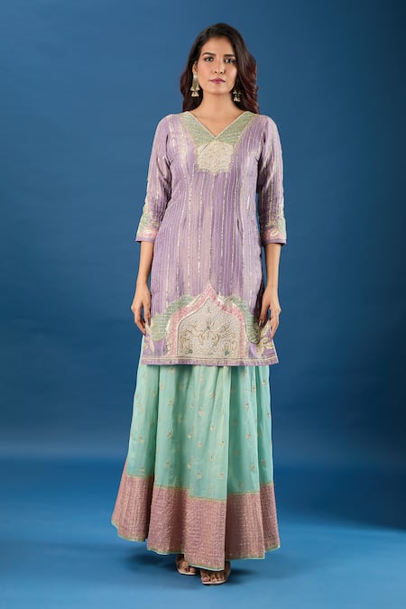 Shop_Samyukta Singhania_Purple Tissue Zari, Sequins, Embroidery, Applique V-neck Work Kurta Set _Online_at_Aza_Fashions