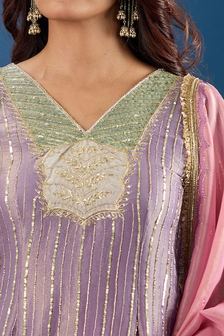 Samyukta Singhania_Purple Tissue Zari, Sequins, Embroidery, Applique V-neck Work Kurta Set _at_Aza_Fashions