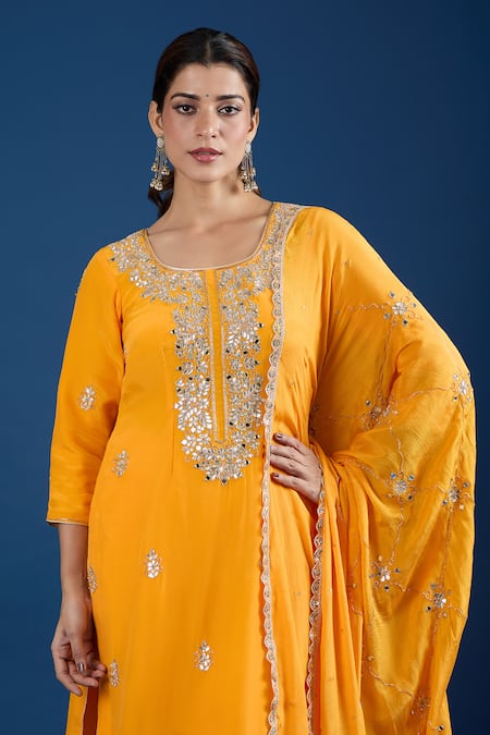 Buy_Samyukta Singhania_Yellow Crepe, Chinon Mirrors, Embroidery, Zari, Gota Patti Butti Kurta Set_Online_at_Aza_Fashions