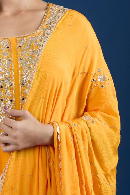 Shop_Samyukta Singhania_Yellow Crepe, Chinon Mirrors, Embroidery, Zari, Gota Patti Butti Kurta Set_Online_at_Aza_Fashions