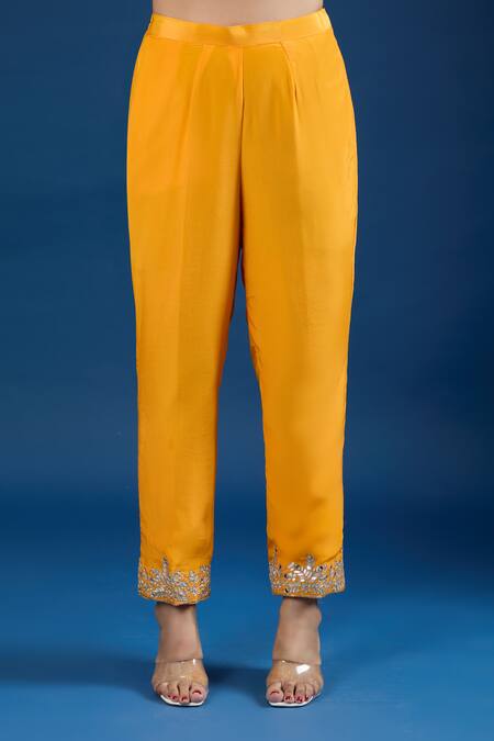 Samyukta Singhania_Yellow Crepe, Chinon Mirrors, Embroidery, Zari, Gota Patti Butti Kurta Set_at_Aza_Fashions