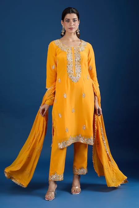 Buy_Samyukta Singhania_Yellow Crepe, Chinon Mirrors, Embroidery, Zari, Gota Patti Butti Kurta Set