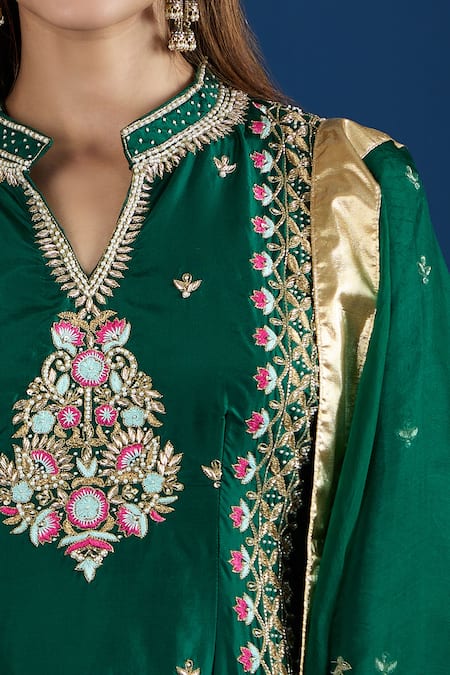 Shop_Samyukta Singhania_Green Silk, Organza Zari, Embroidery, Pearls, Sequins Split Floral Kurta Set _Online_at_Aza_Fashions