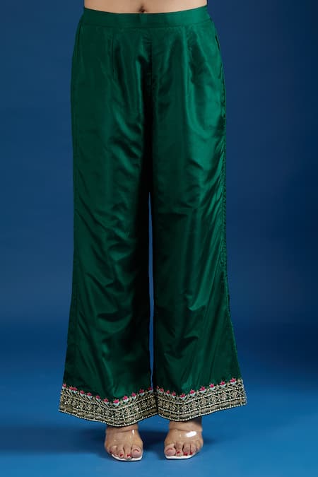Samyukta Singhania_Green Silk, Organza Zari, Embroidery, Pearls, Sequins Split Floral Kurta Set _at_Aza_Fashions