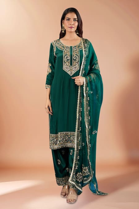 Samyukta Singhania Green Crepe, Chanderi, Organza Embroidery, Sequins, Pearls, Zari Yoke Kurta Set 