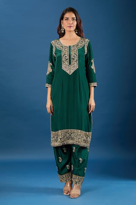 Buy_Samyukta Singhania_Green Crepe, Chanderi, Organza Embroidery, Sequins, Pearls, Zari Yoke Kurta Set _Online_at_Aza_Fashions