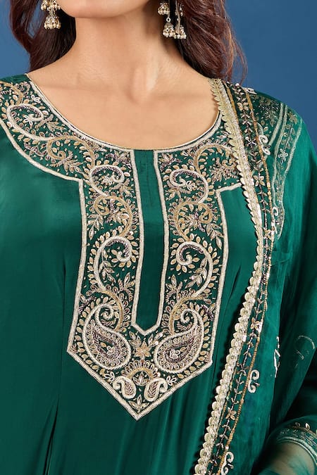 Shop_Samyukta Singhania_Green Crepe, Chanderi, Organza Embroidery, Sequins, Pearls, Zari Yoke Kurta Set _Online_at_Aza_Fashions
