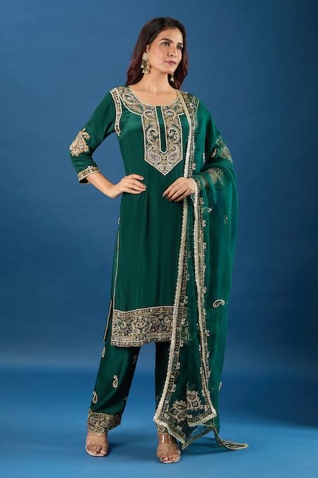 Buy_Samyukta Singhania_Green Crepe, Chanderi, Organza Embroidery, Sequins, Pearls, Zari Yoke Kurta Set 