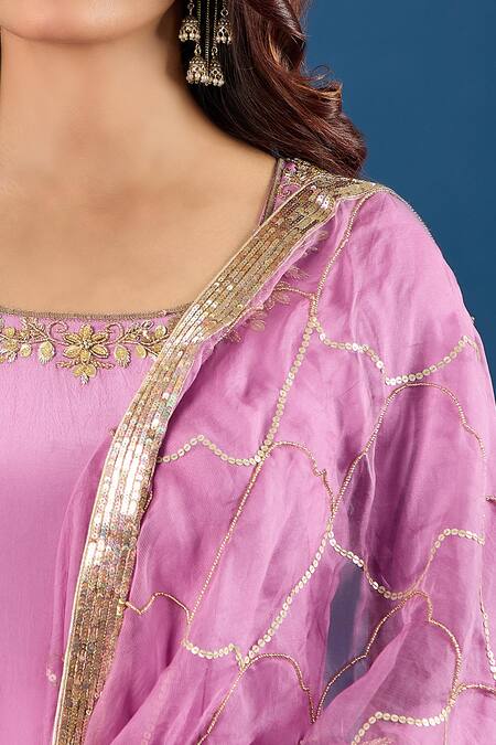 Samyukta Singhania_Purple Crepe, Organza Embroidery, Zari, Sequins Round Yoke Kurta Gharara Set_Online_at_Aza_Fashions