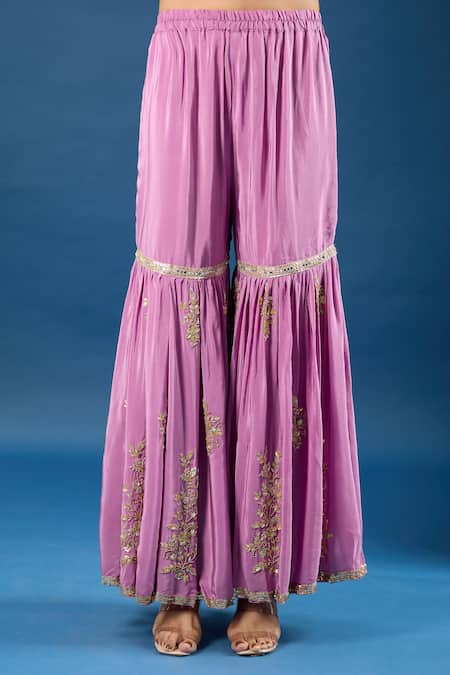 Buy_Samyukta Singhania_Purple Crepe, Organza Embroidery, Zari, Sequins Round Yoke Kurta Gharara Set_Online_at_Aza_Fashions