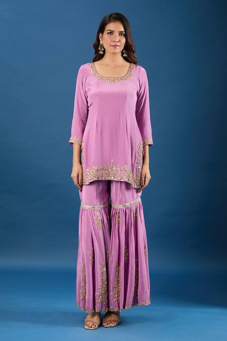 Shop_Samyukta Singhania_Purple Crepe, Organza Embroidery, Zari, Sequins Round Yoke Kurta Gharara Set_Online_at_Aza_Fashions