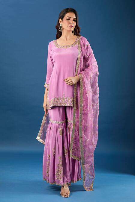 Samyukta Singhania_Purple Crepe, Organza Embroidery, Zari, Sequins Round Yoke Kurta Gharara Set_at_Aza_Fashions