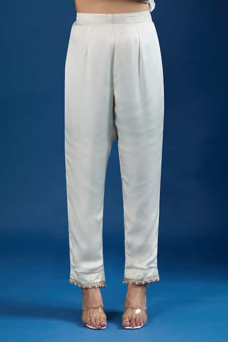 Shop_Samyukta Singhania_Off White Satin, Organza Embroidery, Sequins, Zari Mandarin Floral Kurta Set _Online_at_Aza_Fashions