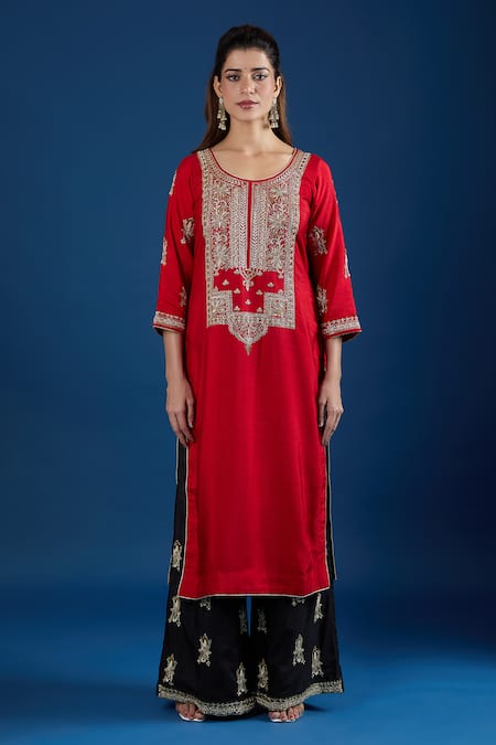 Shop_Samyukta Singhania_Red Silk, Organza Embroidery, Sequins, Metallic Thread, Zari Floral Kurta Set_Online_at_Aza_Fashions